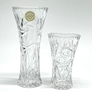 Vintage 90s‎ Lenox Star And Fan Pattern Full Lead Crystal Bud Vase Set 6" & 4"